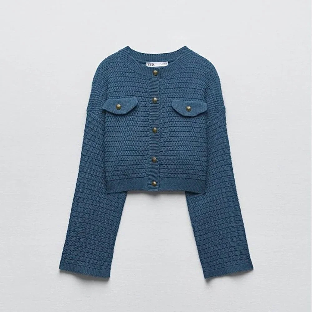 ZARA Crop Knit Cardigan in Blue Size L